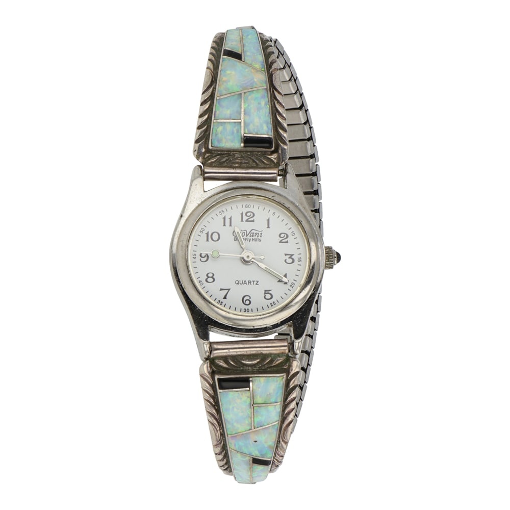 Navajo Synthetic Opal & Acoma Jet Inlay Watch Bracelet (1 of 3)