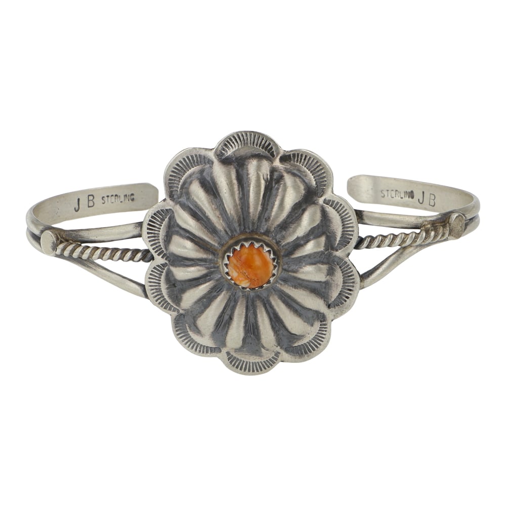 Navajo Spiny Oyster Concho Stamp Cuff Bracelet: Sterling Silver | Genuine Spiny Oyster | Navajo Spiny Oyster Concho Stamp Cuff Bracelet | Navajo Native American Southwest Indian Jewelry | Good (no breaks or damages) | Approximate Weight: 8 Grams |