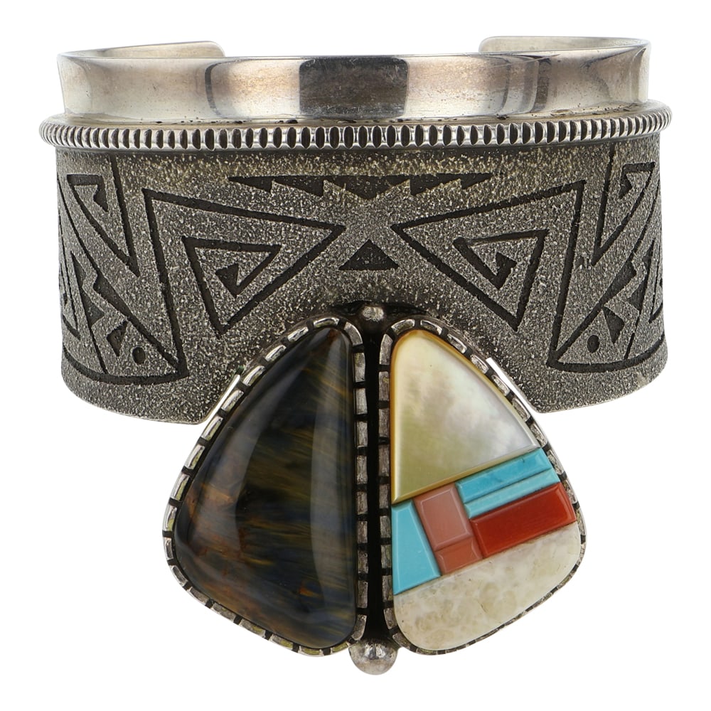 Richard Tsosie Award Winning Navajo Artist Ironwood Coral Turquoise & Fossilized Ivory Detailed Cuff: Sterling Silver | Genuine Ironwood, Mediterranean Coral, Pink Coral, Turquoise & Fossilized Ivory | Richard Tsosie Award Winning Navajo Artist Ironwood Coral Turquoise & Fossilized Ivory Detailed
