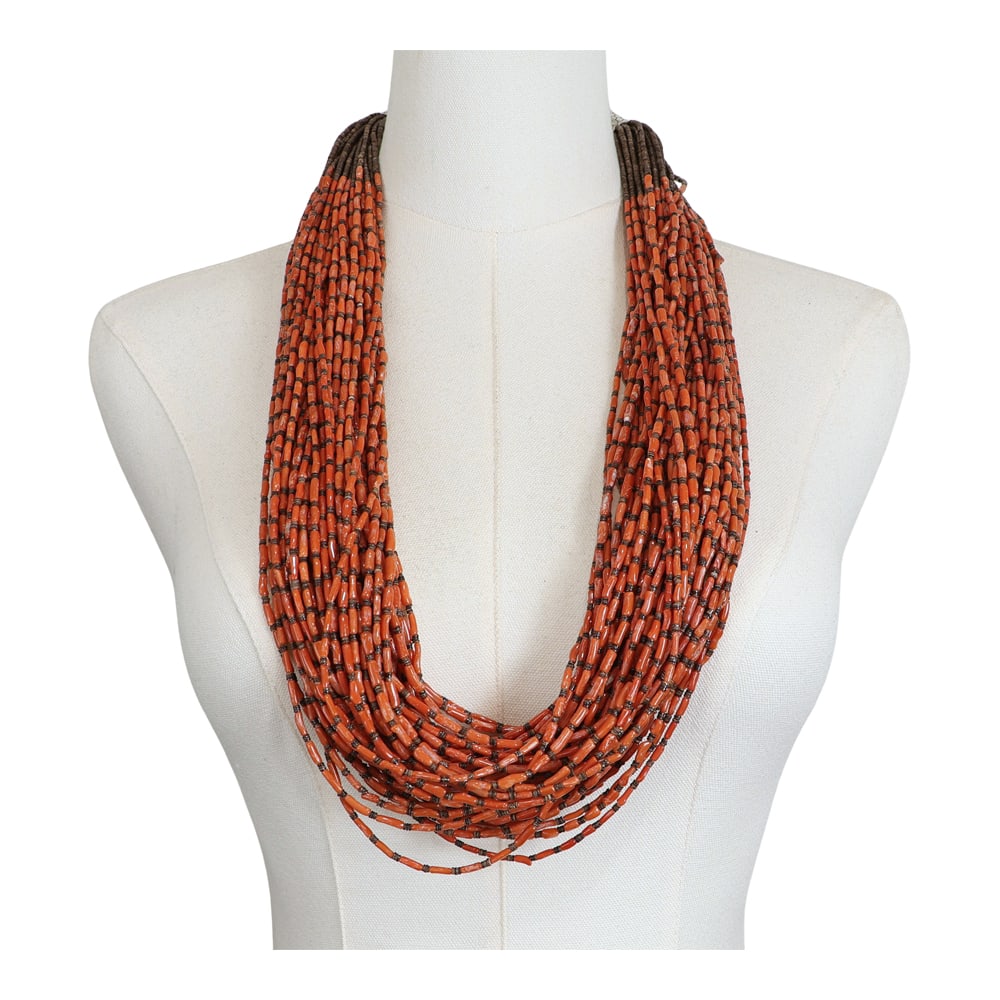 Navajo Mediterranean Coral & Baby Olive Heishi Fifty Strand Necklace: Sterling Silver | Genuine Mediterranean Coral & Baby Olive Heishi | Navajo Mediterranean Coral & Baby Olive Heishi Fifty Strand Necklace | Navajo Native American Southwest Indian Jewelry | Good (no br