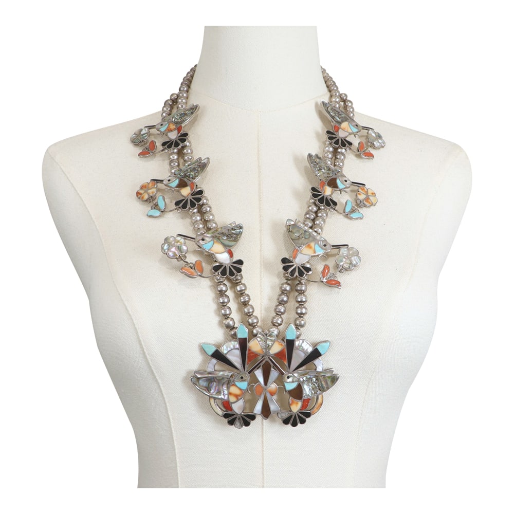 Vintage Zuni Turquoise Coral Spiny Oyster Mother of Pearl, Abalone & Jet Inlay Humming Bird Squash: Sterling Silver | Genuine Turquoise, Coral, Spiny Oyster, Mother of Pearl, Abalone & Jet | Vintage Zuni Turquoise Coral Spiny Oyster Mother of Pearl, Abalone & Jet Inlay Humming Bird Squash Blossom Ne