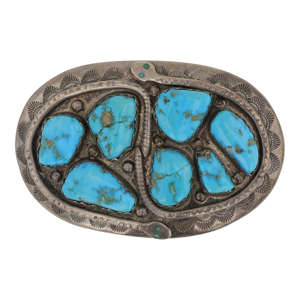 Effie Calavaza (Effie C) Vintage Zuni Kingman Turquoise Snake Eye Belt Buckle: Sterling Silver | Genuine Kingman Turquoise | Effie Calavaza (Effie C) Vintage Zuni Kingman Turquoise Snake Eye Belt Buckle | Navajo Native American Southwest Indian Jewelry | Fair ( Hair Line crack i