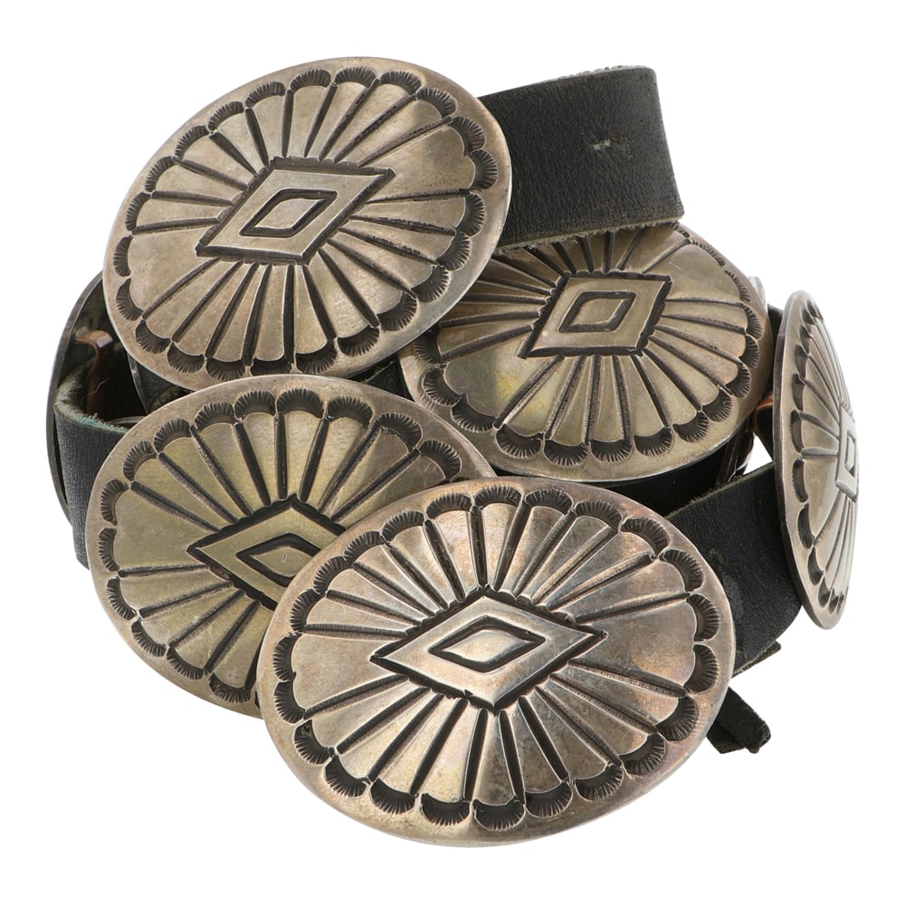 Vintage Navajo Plain Silver Stamp Work Oval Shaped Concho Belt: Sterling Silver | | Vintage Navajo Plain Silver Stamp Work Oval Shaped Concho Belt | Navajo Native American Southwest Indian Jewelry | Good (no breaks or damages) | Approximate Weight: 397 Grams | Bel