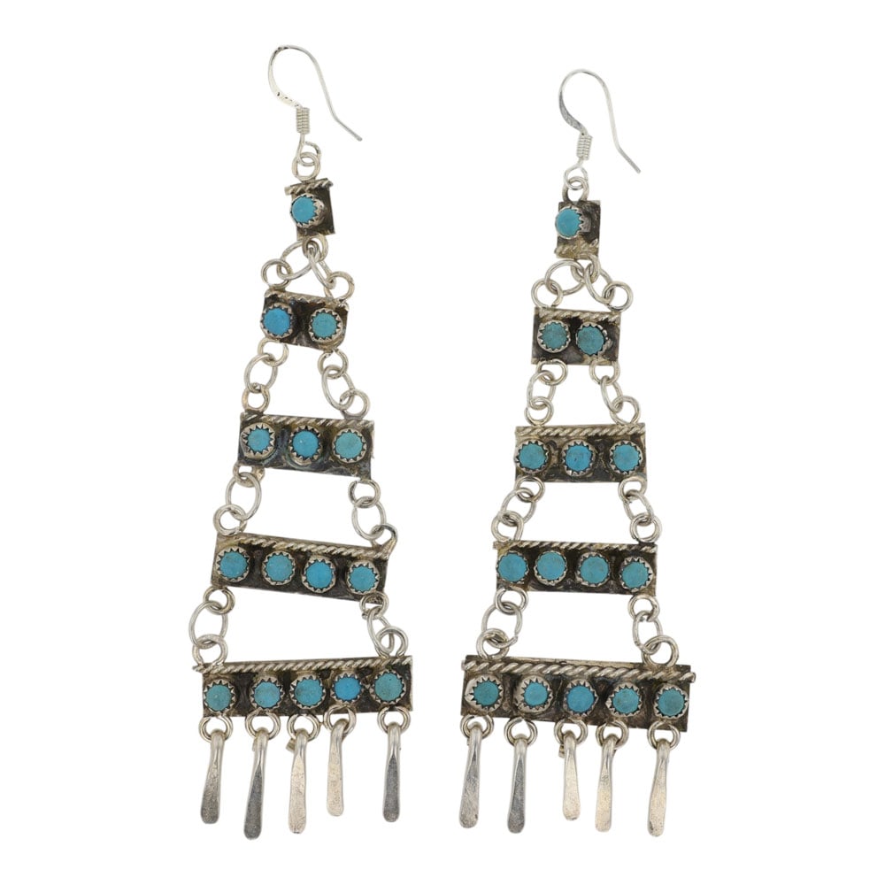 Vintage Zuni Kingman Turquoise Chandelier Earrings: Sterling Silver | Genuine Kingman Turquoise | Vintage Zuni Kingman Turquoise Chandelier Earrings | Zuni Native American Southwest Indian Jewelry | Good (no breaks or damages) | Approximate Weight: 18