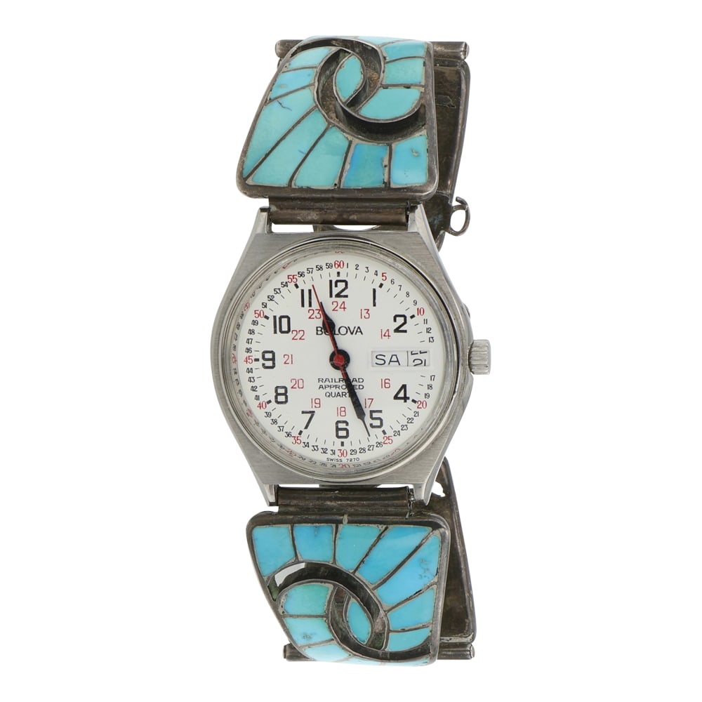 Vintage Zuni Sleeping Beauty Turquoise Inlay Watch Bracelet: Sterling Silver | Genuine Sleeping Beauty Turquoise | Vintage Zuni Sleeping Beauty Turquoise Inlay Watch Bracelet | Zuni Native American Southwest Indian Jewelry | Good (no breaks or damages) | Approx