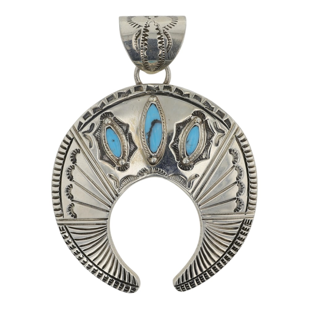 June Delgarito Navajo Compitos Turquoise Naja Pendant: Sterling Silver | Genuine Compitos Turquoise | June Delgarito Navajo Compitos Turquoise Naja Pendant | Navajo Native American Southwest Indian Jewelry | Good (no breaks or damages) | Approximate Weigh