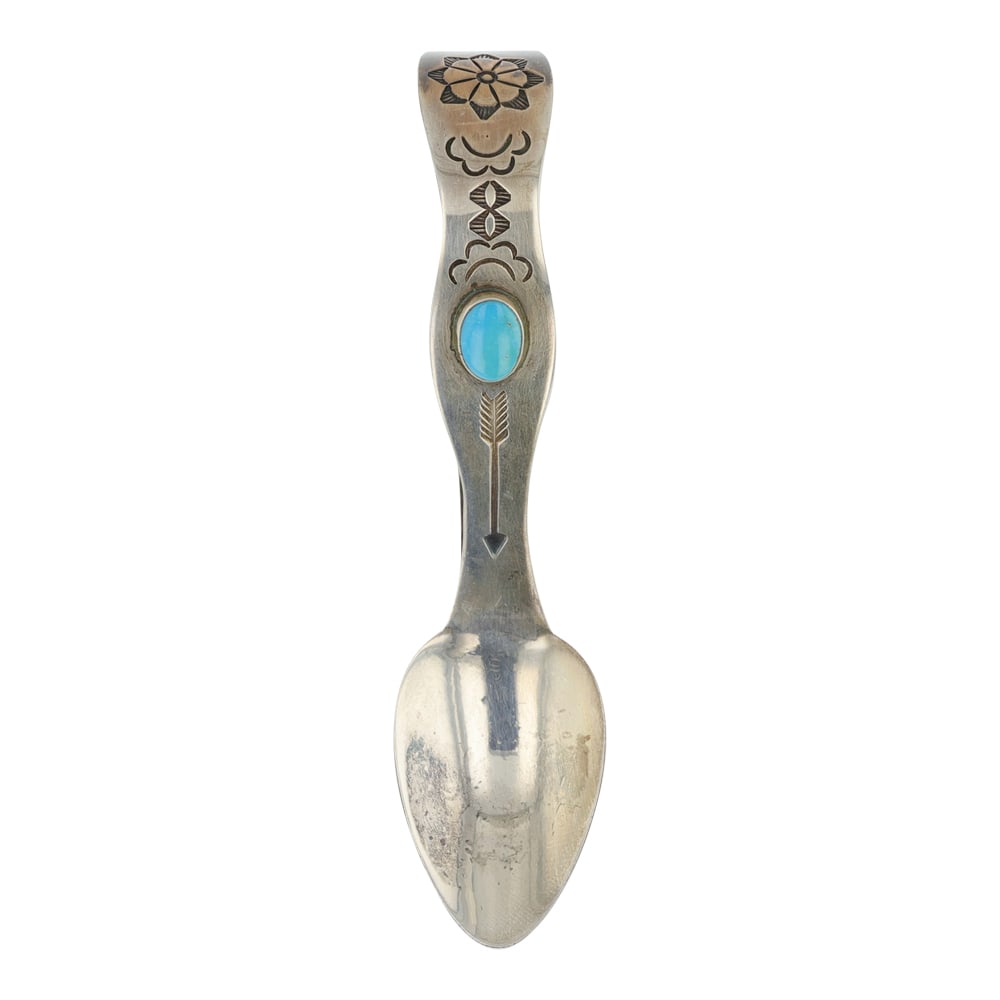 Vintage Navajo Kingman Turquoise Stamp Spoon: Sterling Silver | Genuine Kingman Turquoise | Vintage Navajo Kingman Turquoise Stamp Spoon | Navajo Native American Southwest Indian Jewelry | Good (no breaks or damages) | Approximate Weight: 17 Gram