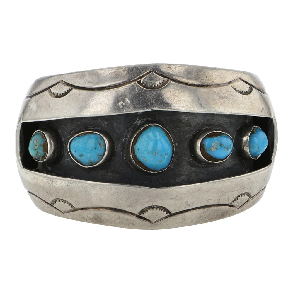Vintage Navajo Blue Gem Turquoise Shadow Box Cuff Bracelet: Sterling Silver | Genuine Blue Gem Turquoise | Vintage Navajo Blue Gem Turquoise Shadow Box Cuff Bracelet | Navajo Native American Southwest Indian Jewelry | Good (no breaks or damages) | Approximate
