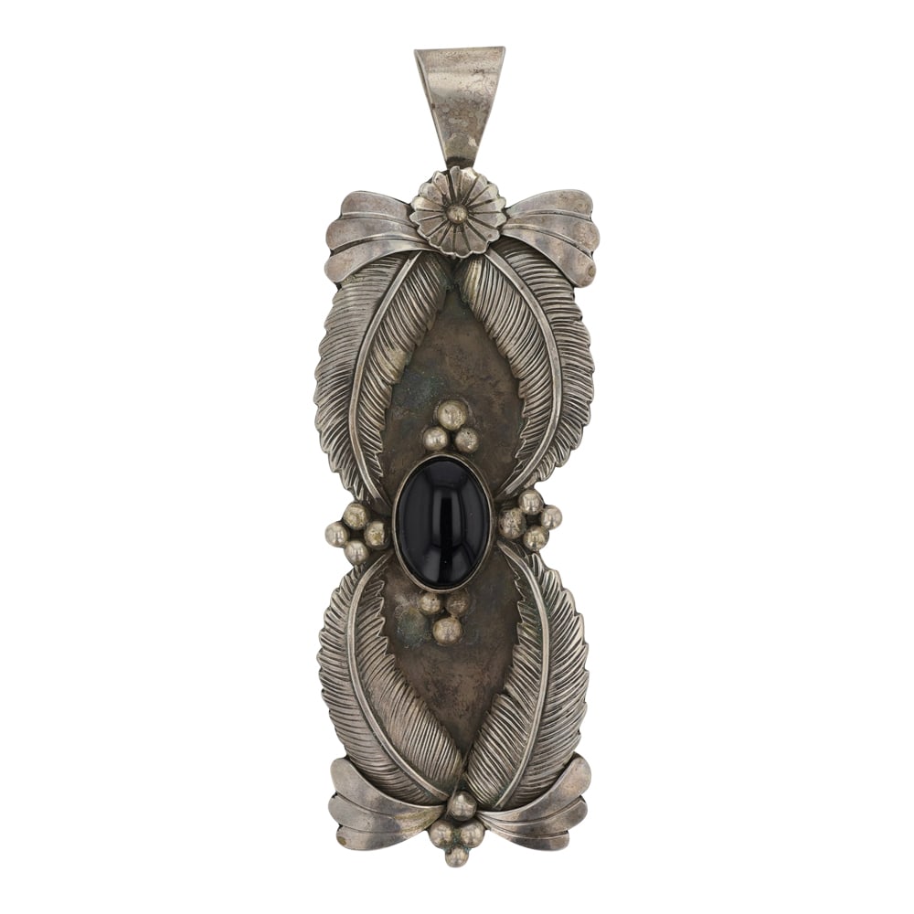 Patricia Platero Navajo Black Onyx Pendant: Sterling Silver | Genuine Black Onyx | Patricia Platero Navajo Black Onyx Pendant | Navajo Native American Southwest Indian Jewelry | Good (no breaks or damages) | Approximate Weight: 33 Grams | Penda