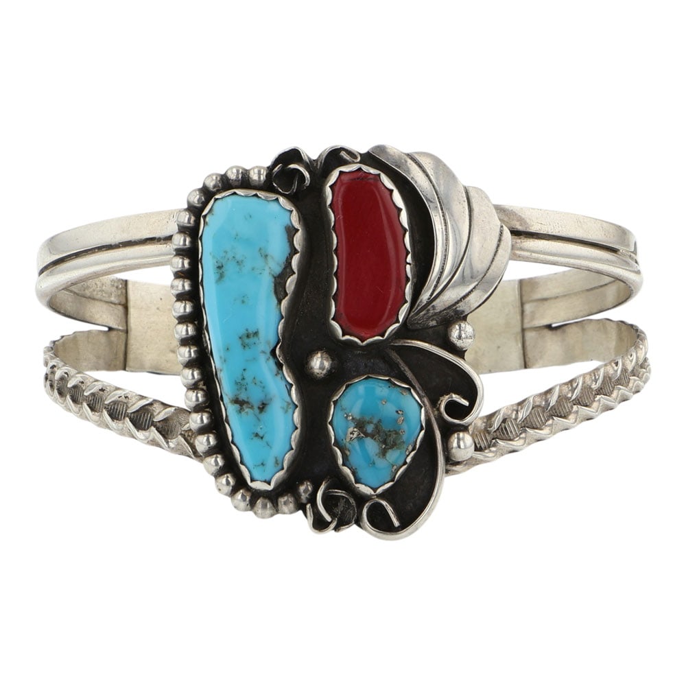 Eloise Kee Navajo Turquoise & Mediterranean Coral Three Stone Bracelet: Sterling Silver | Genuine Turquoise & Mediterranean Coral | Eloise Kee Navajo Turquoise & Mediterranean Coral Three Stone Bracelet | Navajo Native American Southwest Indian Jewelry | Good (no breaks o