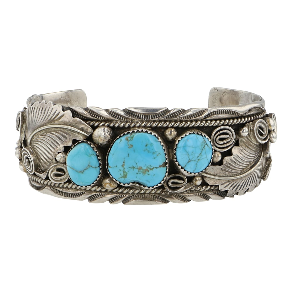 Micheal Thomas Jr. Navajo Kingman Turquoise Three Stone Bracelet: Sterling Silver | Genuine Kingman Turquoise | Micheal Thomas Jr. Navajo Kingman Turquoise Three Stone Bracelet | Navajo Native American Southwest Indian Jewelry | Good (no breaks or damages) | Approxi