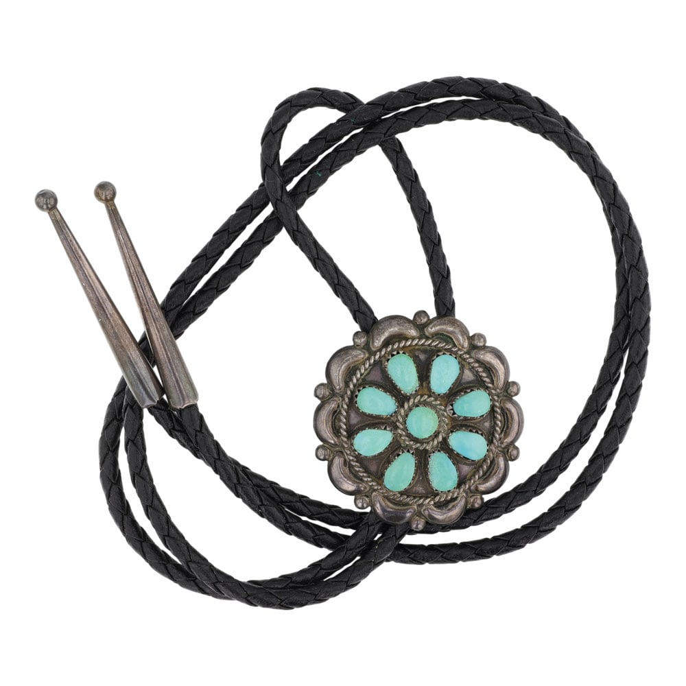Vintage Navajo Sleeping Beauty Turquoise Cluster Bolo Tie: Sterling Silver | Genuine Sleeping Beauty Turquoise | Vintage Navajo Sleeping Beauty Turquoise Cluster Bolo Tie | Navajo Native American Southwest Indian Jewelry | Good (no breaks or damages) | Approx