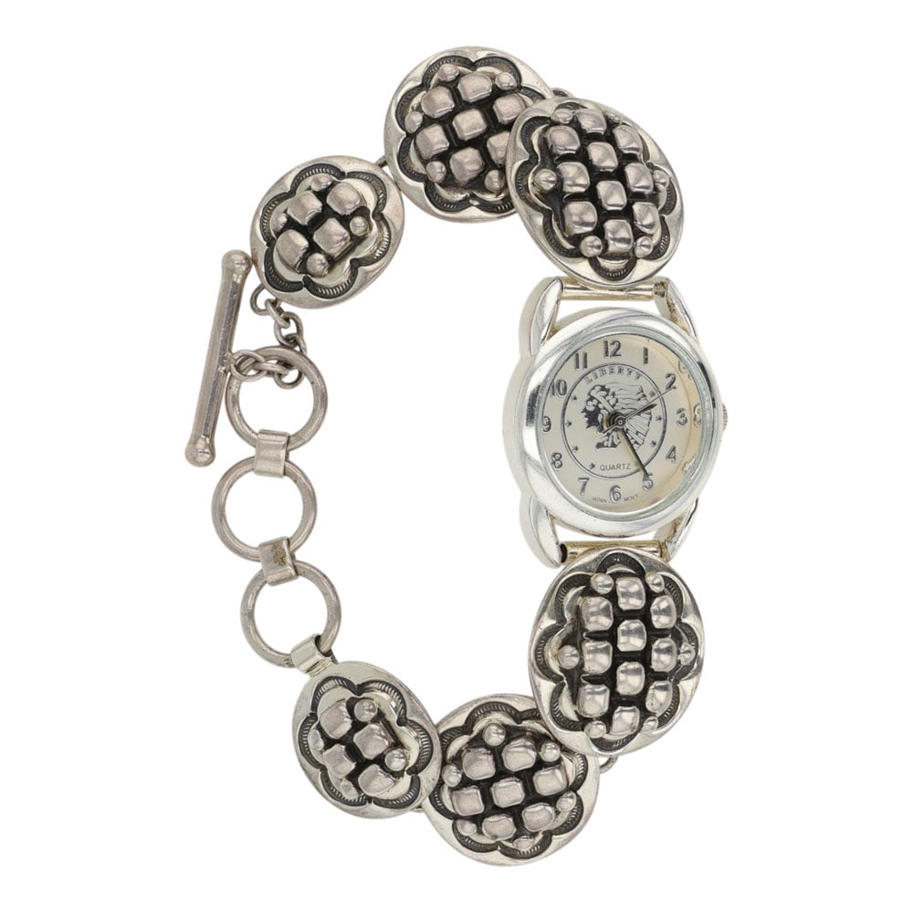 Elgin Tom Navajo Sterling Watch Link Bracelet: Sterling Silver | | Elgin Tom Navajo Sterling Watch Link Bracelet | Navajo Native American Southwest Indian Jewelry | Good (no breaks or damages) | Approximate Weight: 46 Grams | Watch: 8" length, 1"
