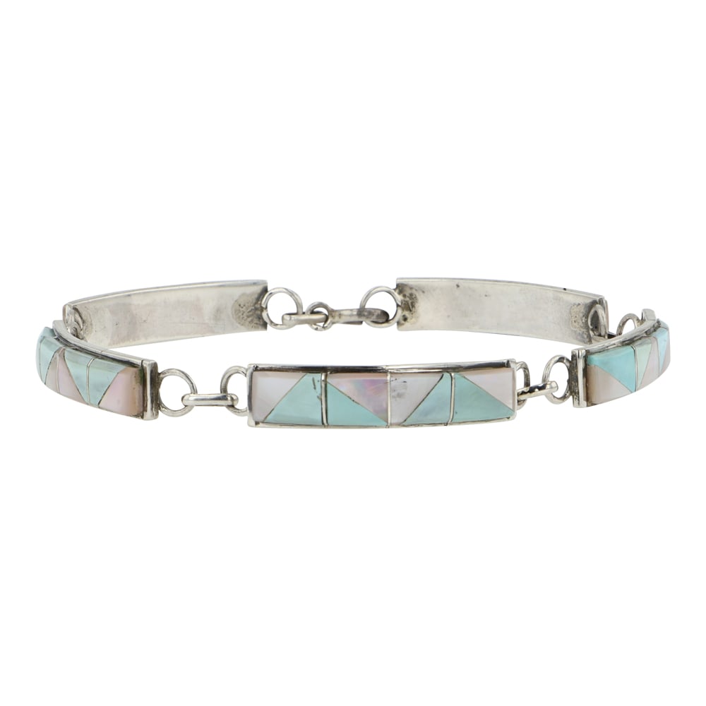 Zuni Turquoise & Mother of Pearl Inlay link Bracelet: Sterling Silver | Genuine Turquoise & Mother of Pearl | Zuni Turquoise & Mother of Pearl Inlay link Bracelet | Zuni Native American Southwest Indian Jewelry | Good (no breaks or damages) | Approximate