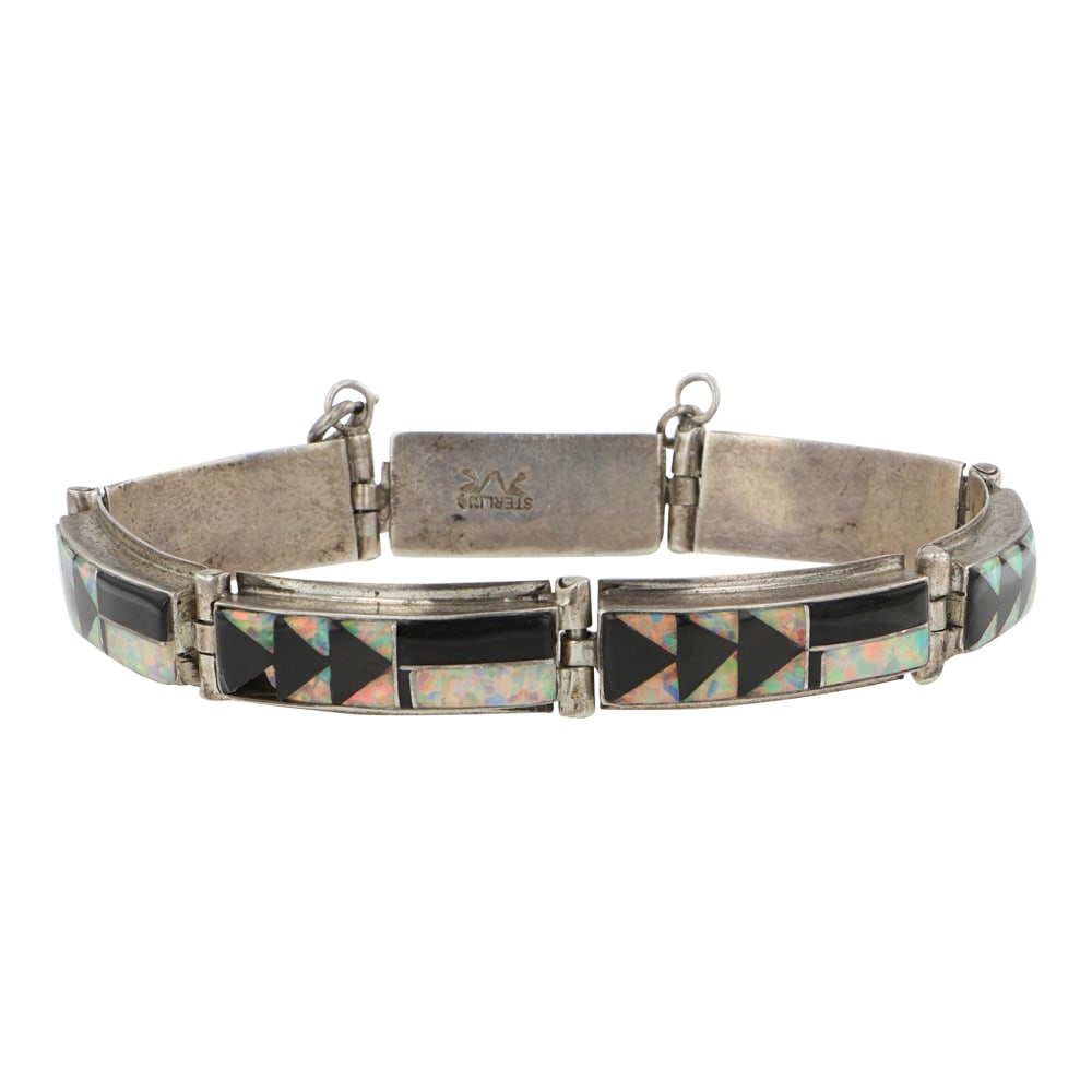 Navajo Acoma Jet & Synthetic Opal Inlay Link Bracelet: Sterling Silver | Genuine Acoma Jet & Synthetic Opal | Navajo Acoma Jet & Synthetic Opal Inlay Link Bracelet | Navajo Native American Southwest Indian Jewelry | Good (no breaks or damages) | Approxima