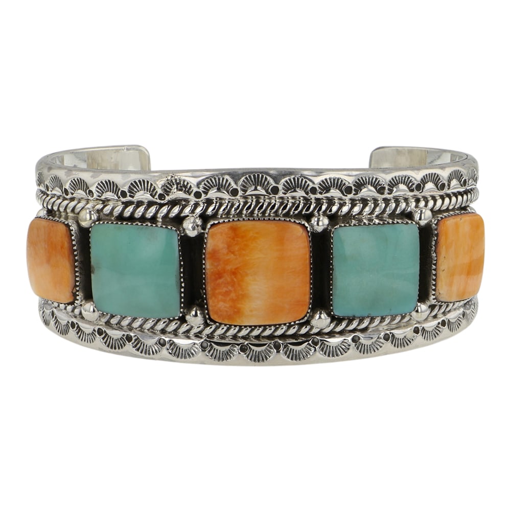 RB Navajo Turquoise & Spiny Oyster Cuff Bracelet: Sterling Silver | Genuine Turquoise & Spiny Oyster | RB Navajo Turquoise & Spiny Oyster Cuff Bracelet | Navajo Native American Southwest Indian Jewelry | Good (no breaks or damages) | Approximate Weig