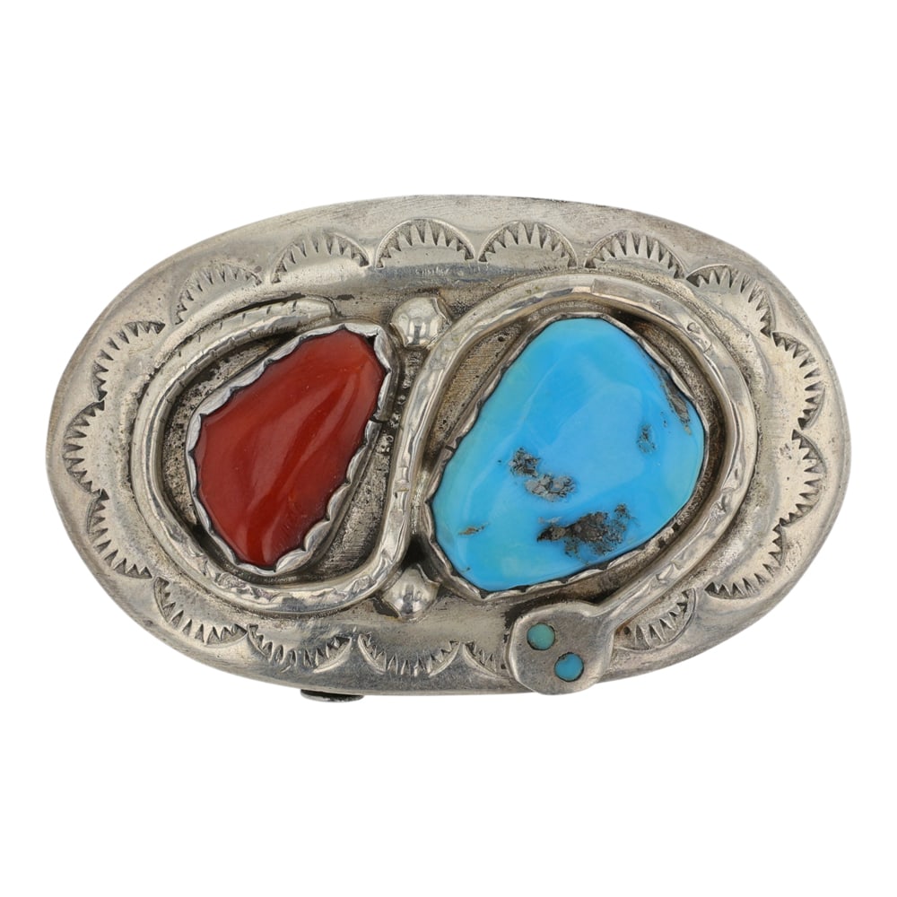 Effie Calavaza Zuni ( Effie C) Turquoise & Coral Snake Belt Buckle: Sterling Silver | Genuine Turquoise & Coral | Effie Calavaza Zuni ( Effie C) Turquoise & Coral Snake Belt Buckle | Zuni Native American Southwest Indian Jewelry | Good (no breaks or damages) | Approxi