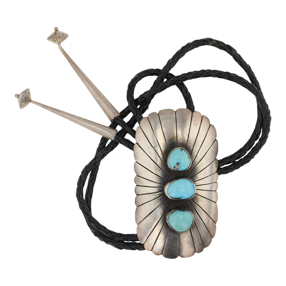Vintage Navajo Lone Mountain Turquoise Bolo Tie: Sterling Silver | Genuine Lone Mountain Turquoise | Vintage Navajo Lone Mountain Turquoise Bolo Tie | Navajo Native American Southwest Indian Jewelry | Good (no breaks or damages) | Approximate Weight