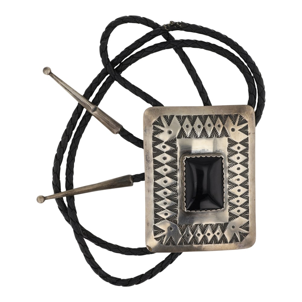 Edward Platero Navajo Black Onyx Stamp Work Bolo Tie: Sterling Silver | Genuine Black Onyx | Edward Platero Navajo Black Onyx Stamp Work Bolo Tie | Navajo Native American Southwest Indian Jewelry | Good (no breaks or damages) | Approximate Weight: 55 Gra