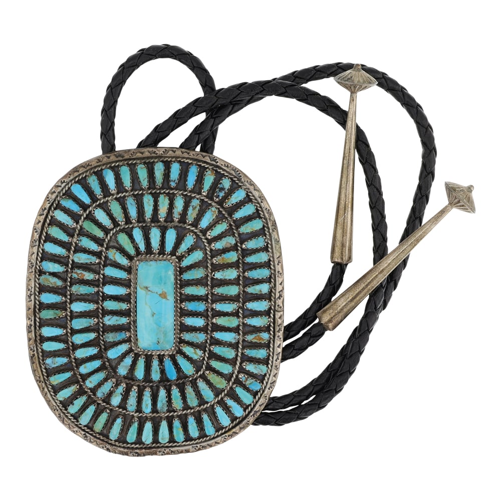 Vintage Navajo Nevada Turquoise Cluster Bolo Tie: Sterling Silver | Genuine Nevada Turquoise | Vintage Navajo Nevada Turquoise Cluster Bolo Tie | Navajo Native American Southwest Indian Jewelry | Good (no breaks or damages) | Approximate Weight: 73 G