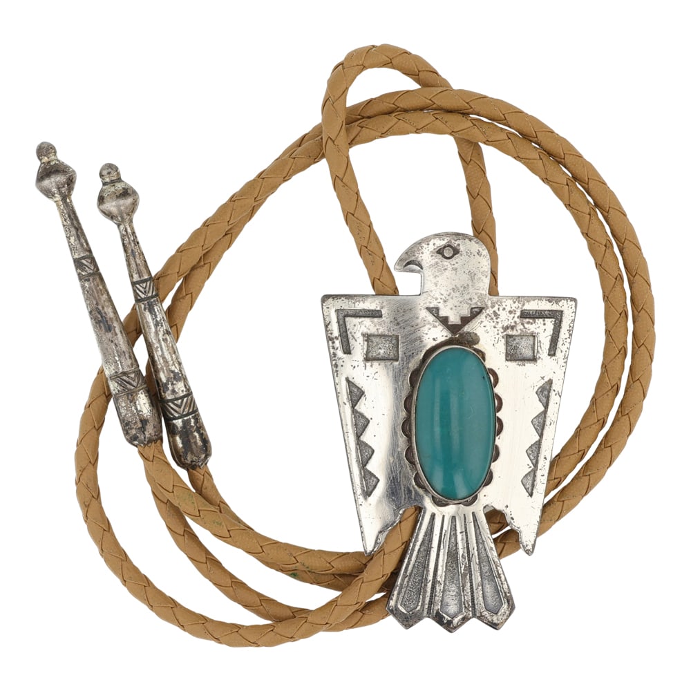 Bell Trading Post Vintage Fred Harvey Era Turquoise Thunderbird Bolo Tie: Sterling Silver | Genuine Turquoise | Bell Trading Post Vintage Fred Harvey Era Turquoise Thunderbird Bolo Tie | Southwest American Shop Jewelry | Good (no breaks or damages) | Approximate Weight: 32