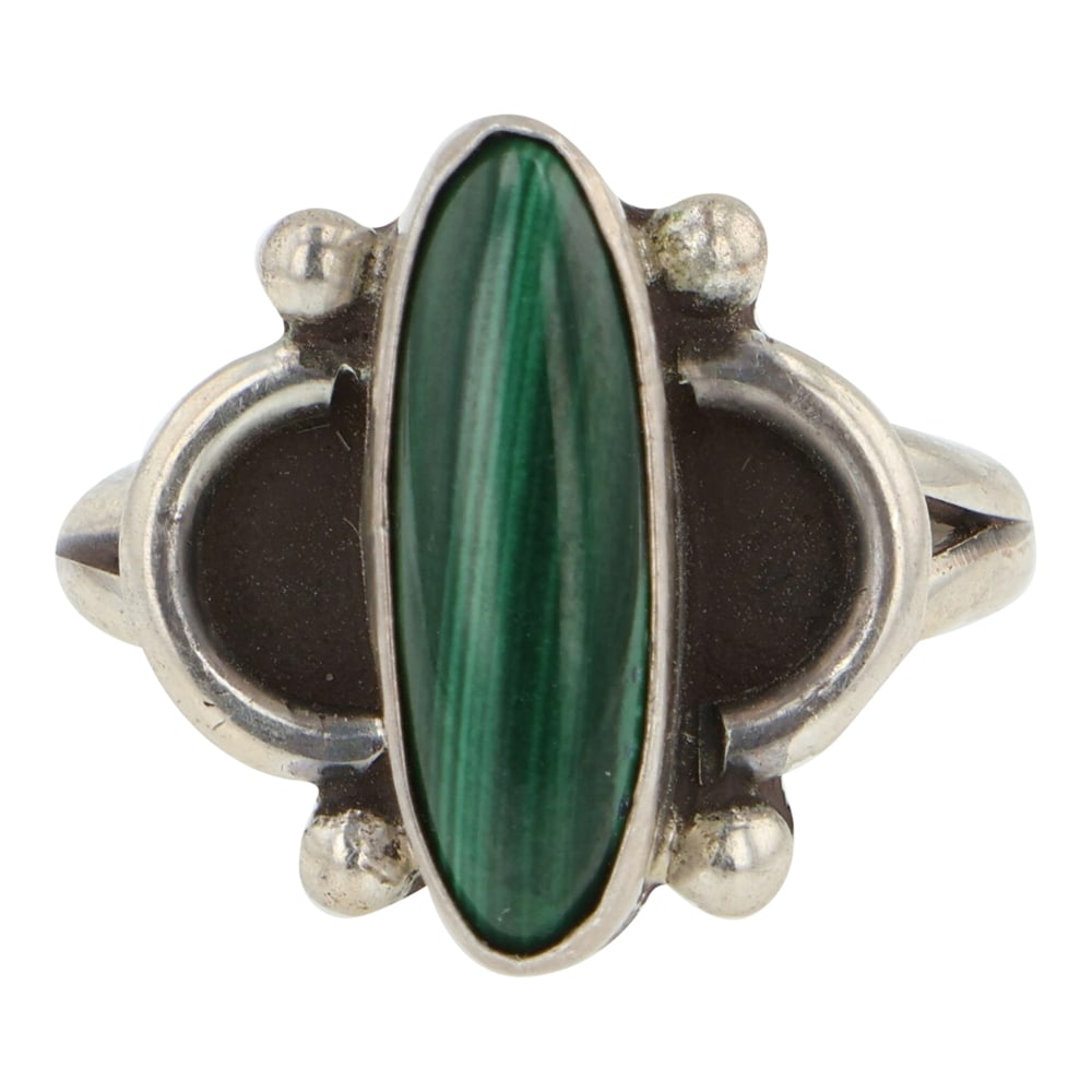 Navajo Malachite Ring: Sterling Silver | Genuine Malachite | Navajo Malachite Ring | Navajo Native American Southwest Indian Jewelry | Good (no breaks or damages) | Approximate Weight: 4 Grams | Ring: 5 size, .5" x .5" face