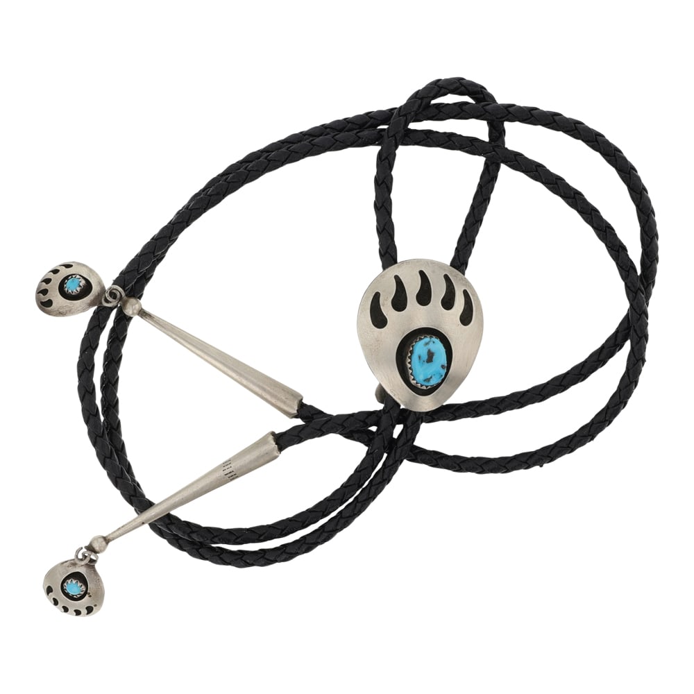 Navajo Kingman Turquoise Bear Paw Bolo Tie: Sterling Silver | Genuine Kingman Turquoise | Navajo Kingman Turquoise Bear Paw Bolo Tie | Navajo Native American Southwest Indian Jewelry | Good (no breaks or damages) | Approximate Weight: 21 Grams