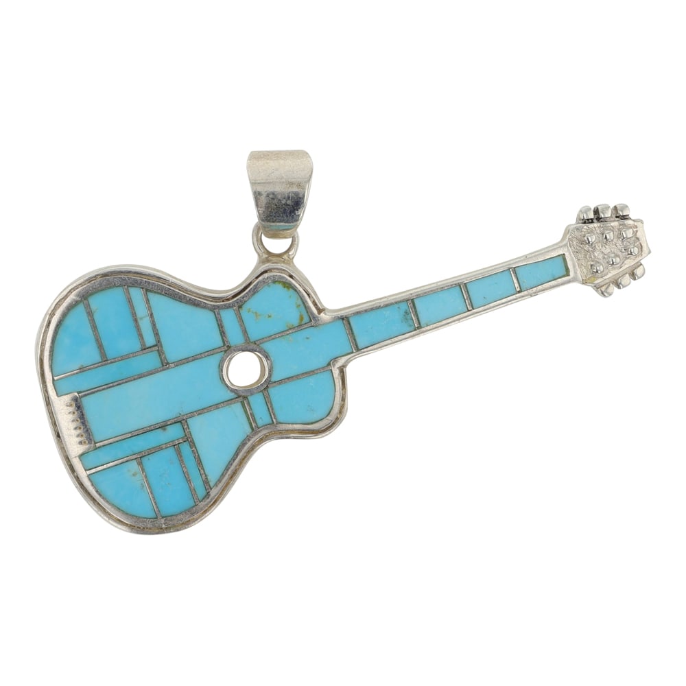 Super smiths Southwest Shop Navajo Sleeping Beauty Turquoise Inlay Guitar Pendant: Sterling Silver | Genuine Sleeping Beauty Turquoise | Super smiths Southwest Shop Navajo Sleeping Beauty Turquoise Inlay Guitar Pendant | South West American Shop Jewelry | Good (no breaks or damages)