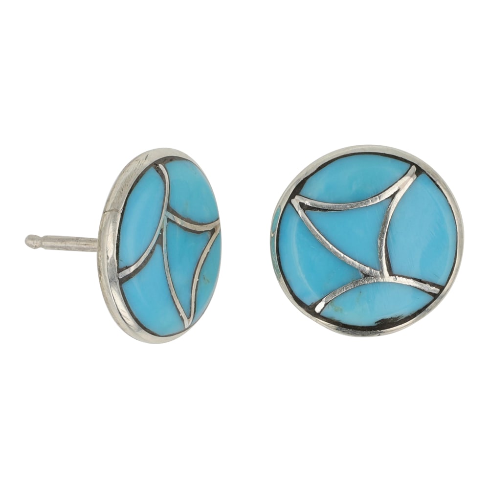 Zuni Sleeping Beauty Turquoise Inlay Earrings: Sterling Silver | Genuine Sleeping Beauty Turquoise | Zuni Sleeping Beauty Turquoise Inlay Earrings | Zuni Native American Southwest Indian Jewelry | Good (no breaks or damages) | Approximate Weight: