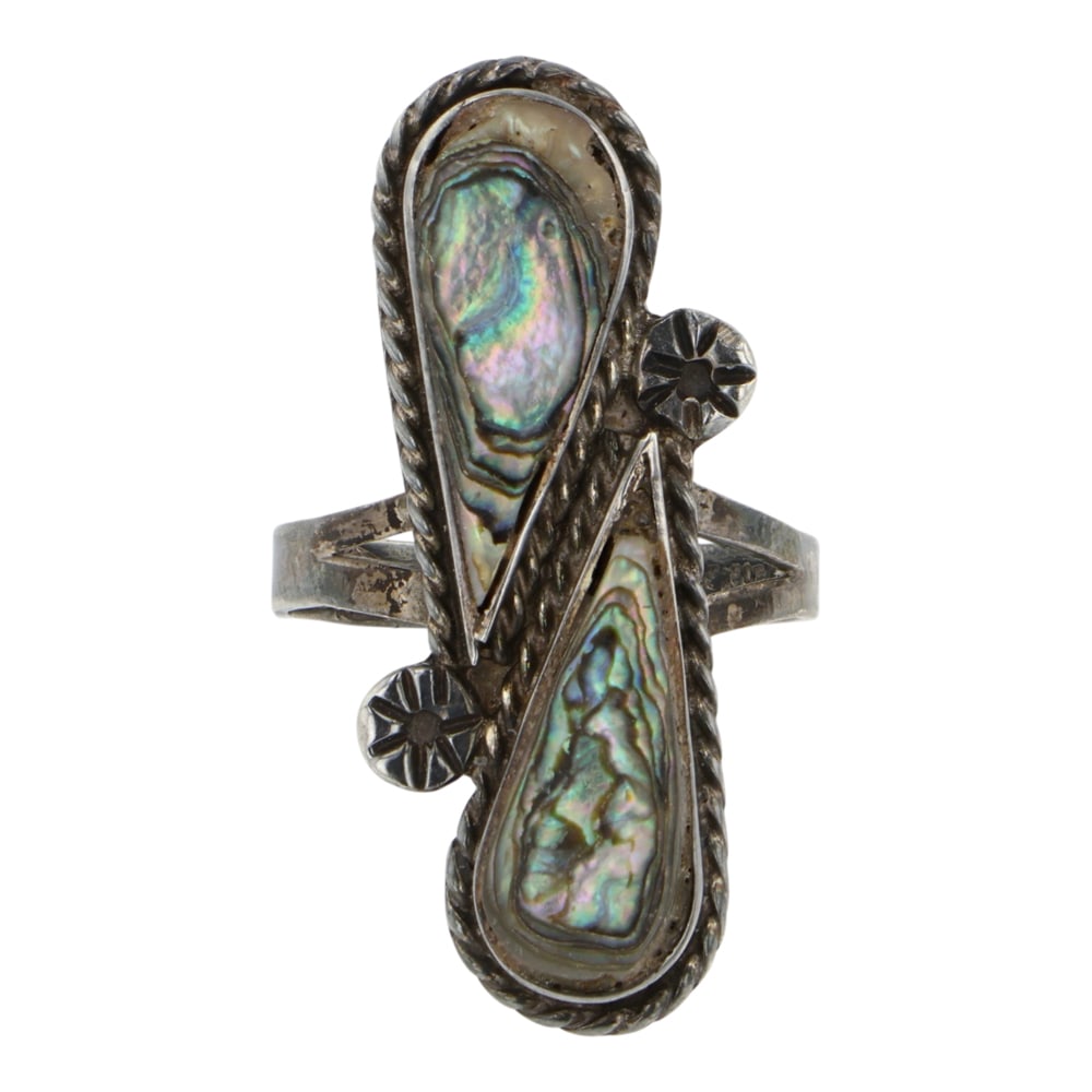 Vintage Navajo Abalone Shell Two Stone Ring: Sterling Silver | Genuine Abalone Shell | Vintage Navajo Abalone Shell Two Stone Ring | Navajo Native American Southwest Indian Jewelry | Good (no breaks or damages) | Approximate Weight: 4 Grams | Ri