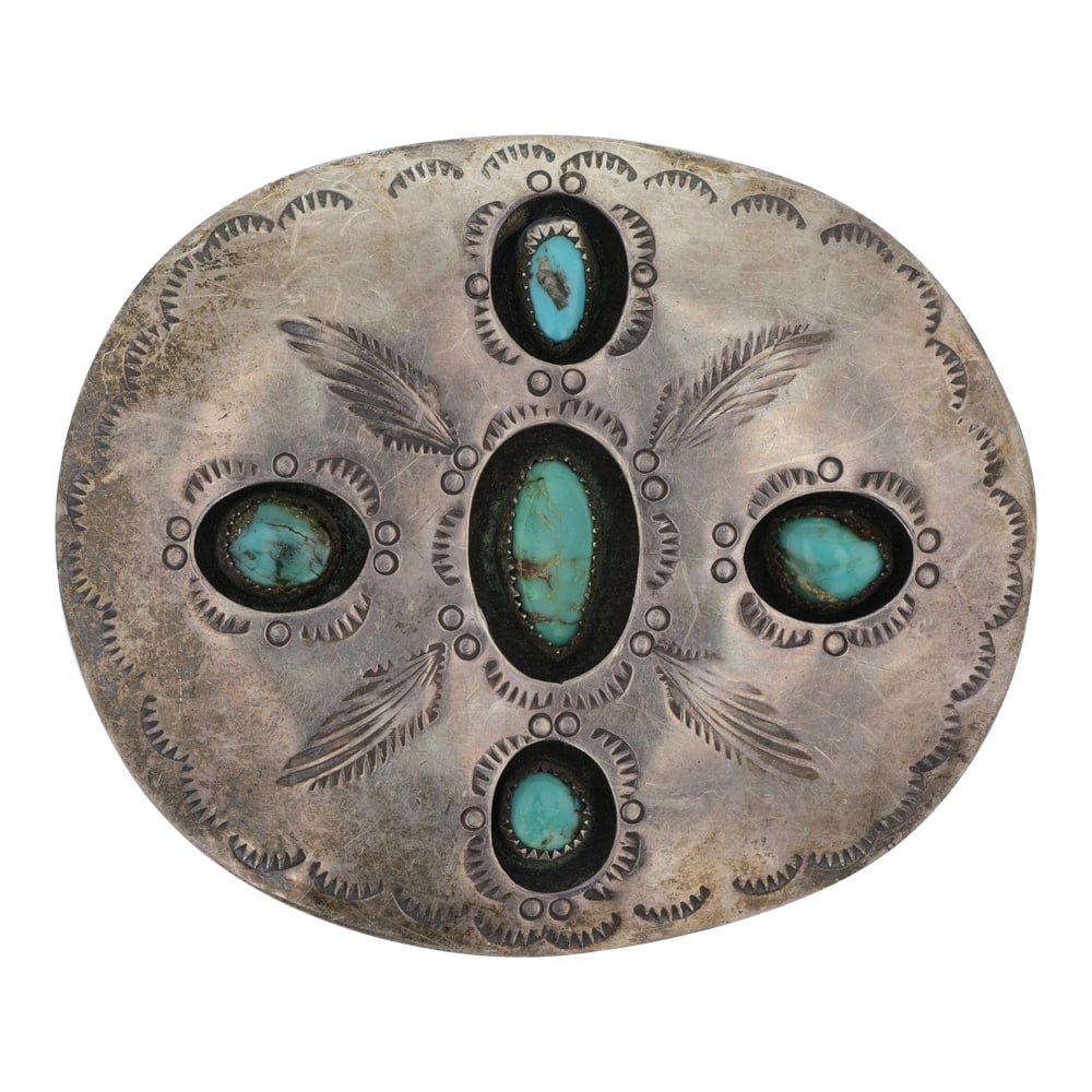 Pamela Benally Vintage Navajo Nevada Turquoise Shadow Box Belt Buckle: Sterling Silver | Genuine Nevada Turquoise | Pamela Benally Vintage Navajo Nevada Turquoise Shadow Box Belt Buckle | Navajo Native American Southwest Indian Jewelry | Good (no breaks or damages) | App