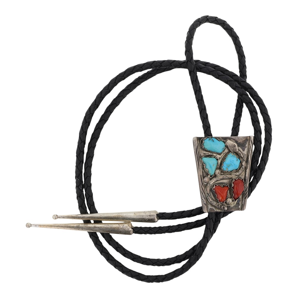 Rick Nastacio Zuni Vintage Turquoise & Coral Bolo Tie: Sterling Silver | Genuine Turquoise & Coral | Rick Nastacio Zuni Vintage Turquoise & Coral Bolo Tie | Zuni Native American Southwest Indian Jewelry | Good (no breaks or damages) | Approximate Weight: