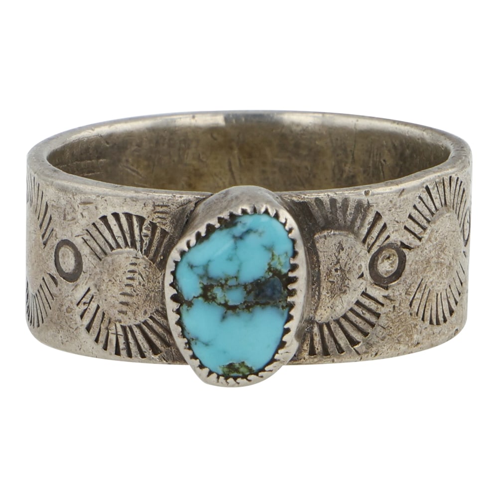 Vintage Navajo Kingman Turquoise Stamp Work Ring: Sterling Silver | Genuine Kingman Turquoise | Vintage Navajo Kingman Turquoise Stamp Work Ring | Navajo Native American Southwest Indian Jewelry | Good (no breaks or damages) | Approximate Weight: 7 G