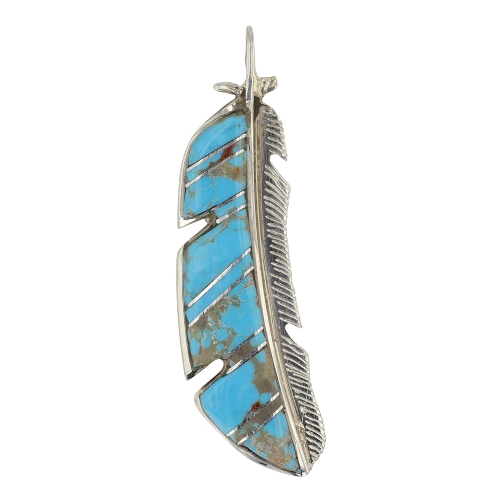 Zuni Nevada Turquoise Inlay Feather Pendant: Sterling Silver | Genuine Turquoise | Zuni Nevada Turquoise Inlay Feather Pendant | Zuni Native American Southwest Indian Jewelry | Good (no breaks or damages) | Approximate Weight: 6 Grams | Pendant: