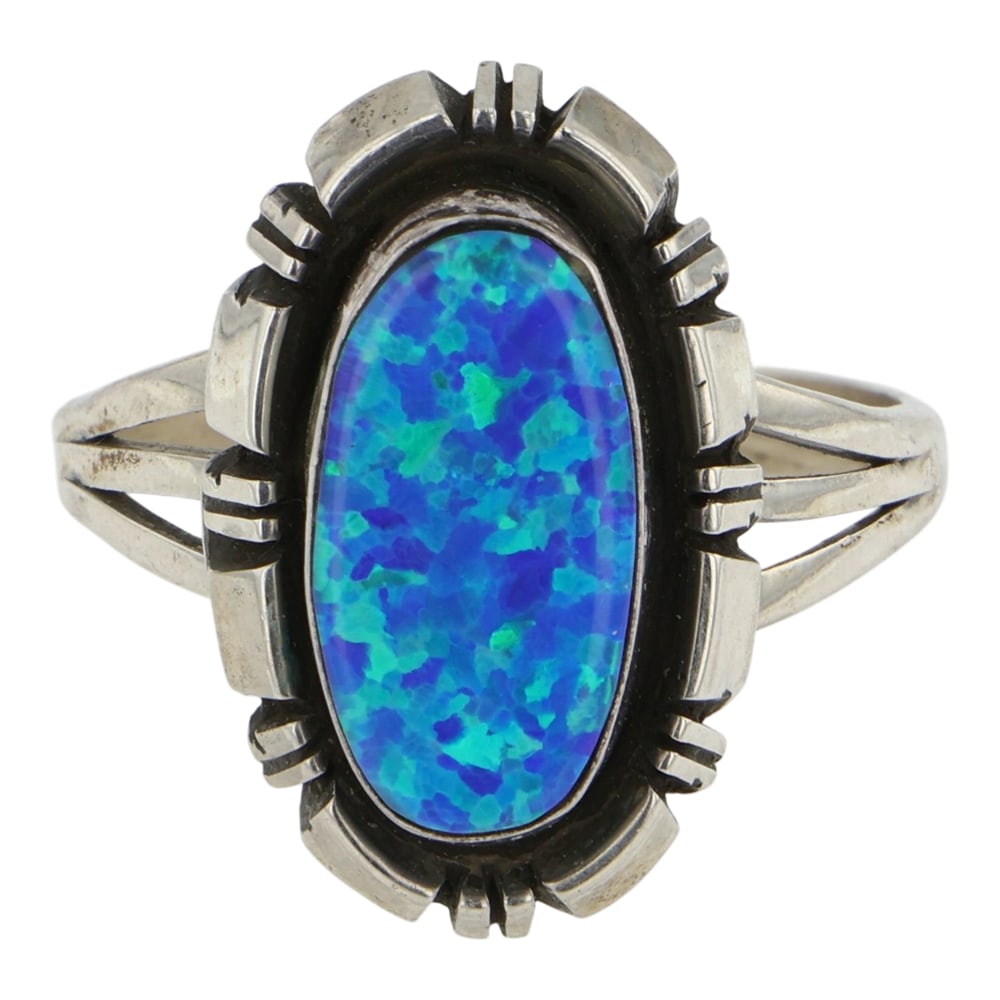 Navajo Synthetic Opal Ring: Sterling Silver | Synthetic Opal | Navajo Synthetic Opal Ring | Navajo Native American Southwest Indian Jewelry | Good (no breaks or damages) | Approximate Weight: 4 Grams | Ring: 7.5 size, .75" x .5"