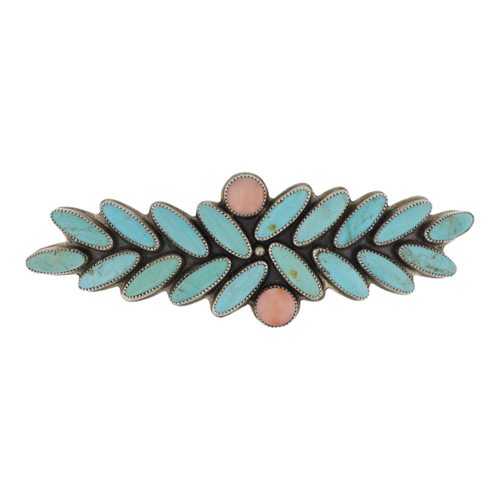 Ron Wesley Taos NM Southwest Artist Turquoise & Pink Shell Hair Barrette: Sterling Silver | Genuine Turquoise & Pink Shell | Ron Wesley Taos NM Southwest Artist Turquoise & Pink Shell Hair Barrette | South West American Artist Jewelry | Good (no breaks or damages) | Approxi