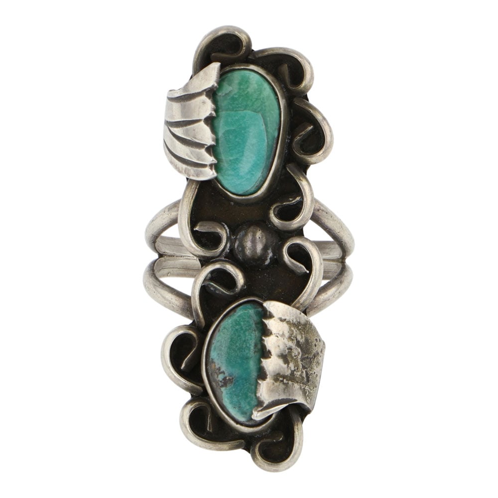 Vintage Navajo Fox Turquoise Two Stone Ring: Sterling Silver | Genuine Fox Turquoise | Vintage Navajo Fox Turquoise Two Stone Ring | Navajo Native American Southwest Indian Jewelry | Good (no breaks or damages) | Approximate Weight: 8 Grams | Ri