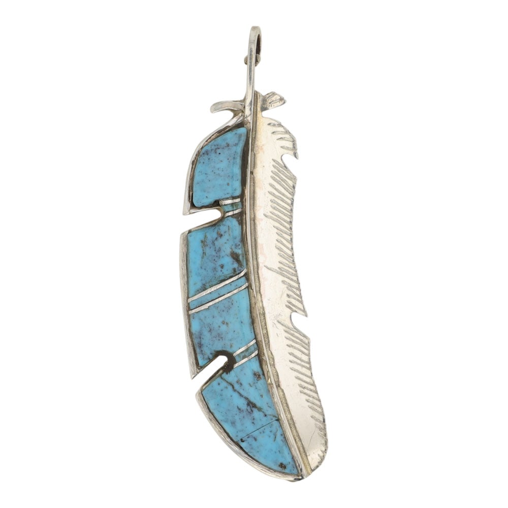 Tyrie Panteah Zuni Compitos Turquoise Inlay Feather Pendant: Sterling Silver | Genuine Compitos Turquoise | Tyrie Panteah Zuni Compitos Turquoise Inlay Feather Pendant | Zuni Native American Southwest Indian Jewelry | Good (no breaks or damages) | Approximate W