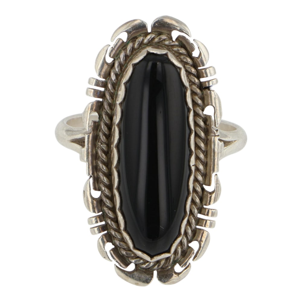 Navajo Black Onyx Ring: Sterling Silver | Genuine Black Onyx | Navajo Black Onyx Ring | Navajo Native American Southwest Indian Jewelry | Good (no breaks or damages) | Approximate Weight: 6 Grams | Ring: 7.5 size, 1" x .5" f
