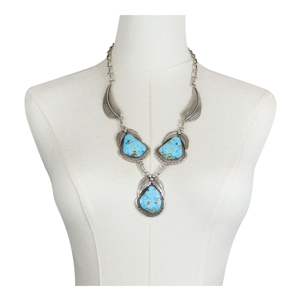 Cecil Navajo Kingman Turquoise Detailed Feather Statement Necklace: Sterling Silver | Genuine Kingman Turquoise | Cecil Navajo Kingman Turquoise Detailed Feather Statement Necklace | Navajo Native American Southwest Indian Jewelry | Good (no breaks or damages) | Appro