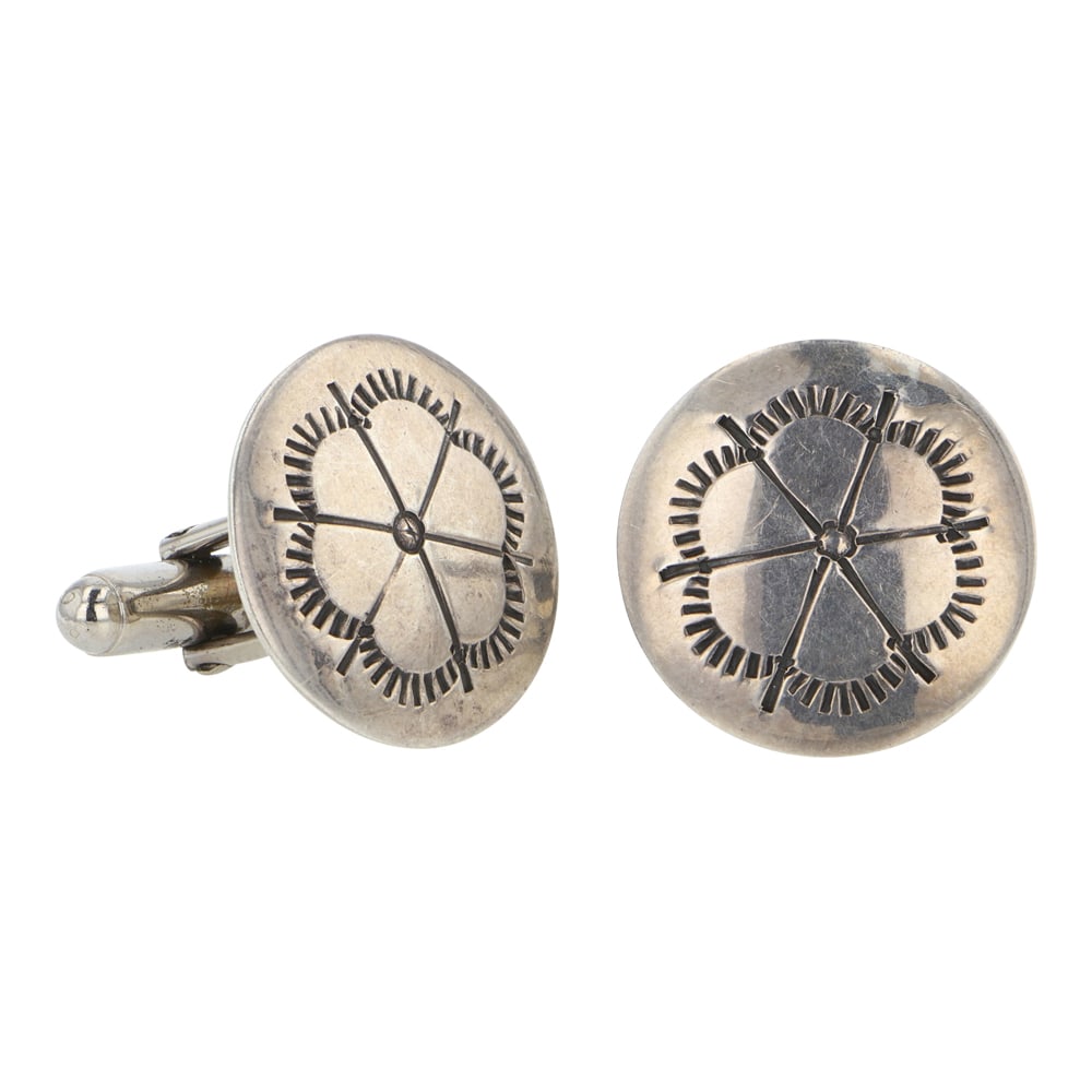 Vintage Navajo Stamp Work Cuff Links: Sterling Silver | | Vintage Navajo Stamp Work Cuff Links | Navajo Native American Southwest Indian Jewelry | Good (no breaks or damages) | Approximate Weight: 7 Grams | Cufflinks: .75" x .75" |