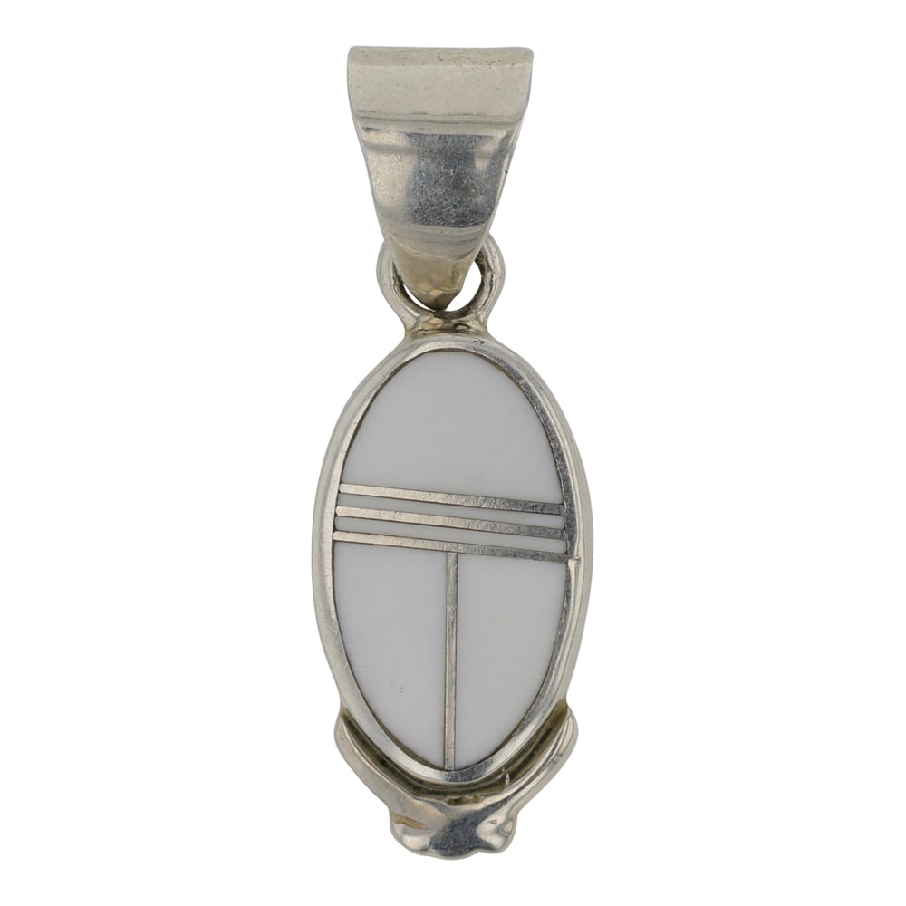 Navajo Shell Inlay Pendant: Sterling Silver | Genuine Shell | Navajo Shell Inlay Pendant | Navajo Native American Southwest Indian Jewelry | Good (no breaks or damages) | Approximate Weight: 2 Grams | Pendant: 1" x .5" | Signed: