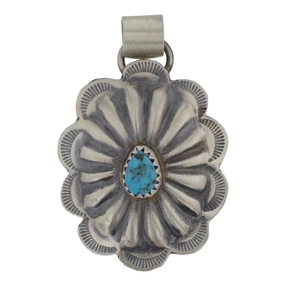 Navajo Kingman Turquoise Concho Stamp Pendant: Sterling Silver | Genuine Kingman Turquoise | Navajo Kingman Turquoise Concho Stamp Pendant | Navajo Native American Southwest Indian Jewelry | Good (no breaks or damages) | Approximate Weight: 3 Gram