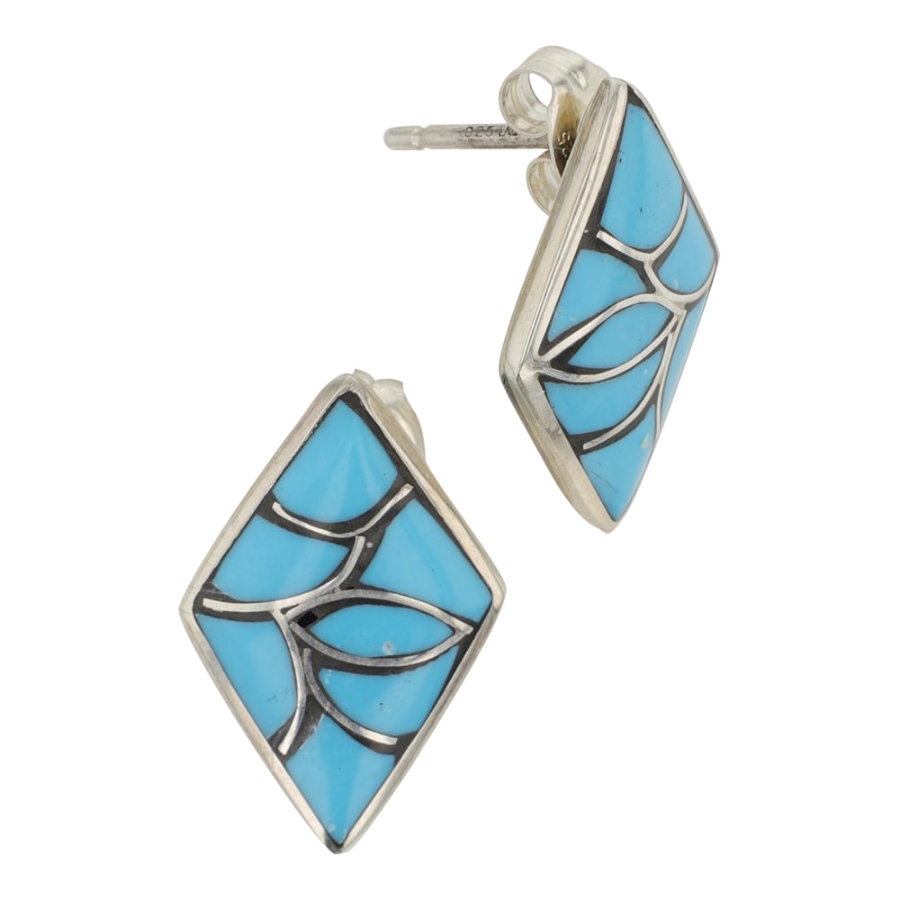 Zuni Sleeping Beauty Turquoise Inlay Earrings: Sterling Silver | Genuine Sleeping Beauty Turquoise | Zuni Sleeping Beauty Turquoise Inlay Earrings | Zuni Native American Southwest Indian Jewelry | Good (no breaks or damages) | Approximate