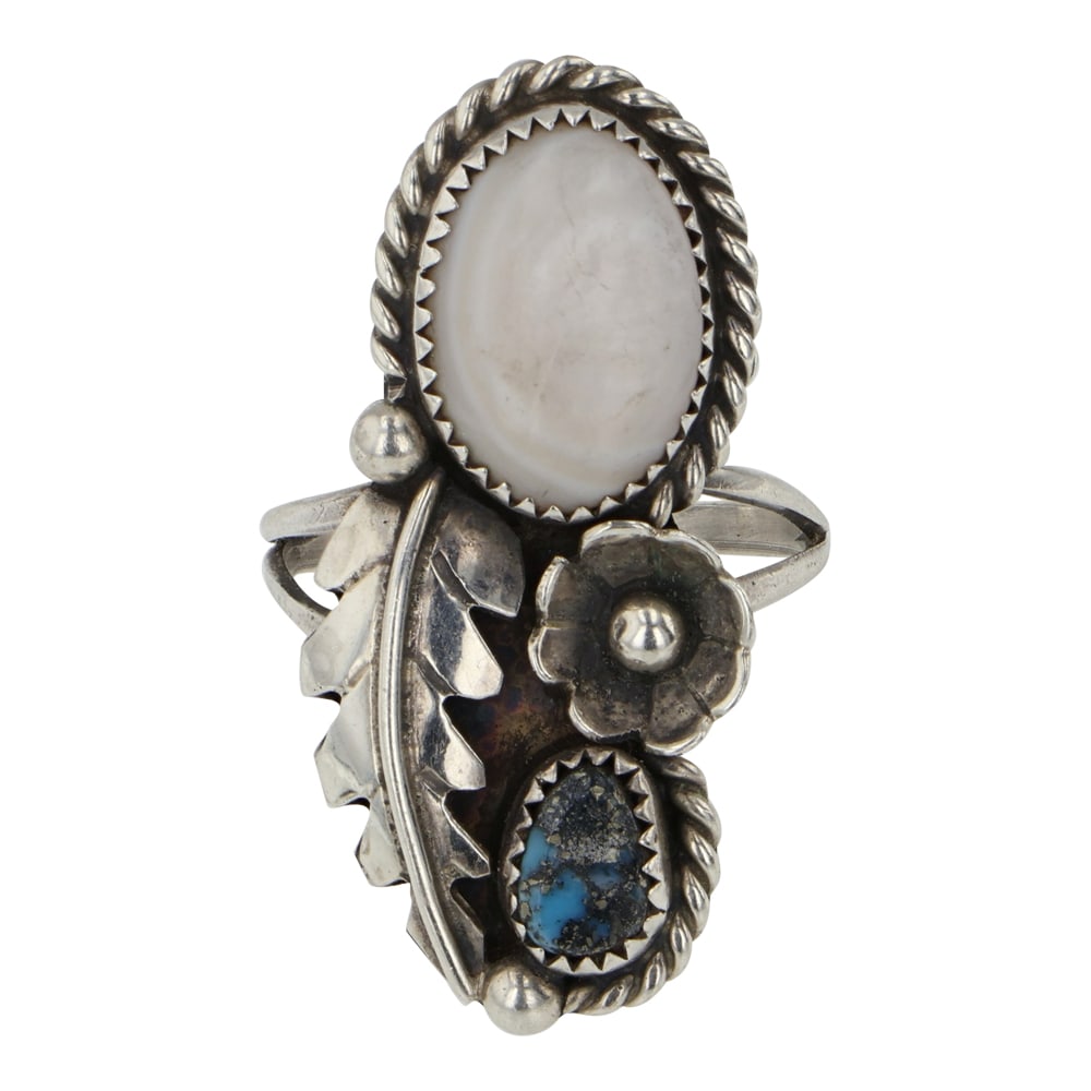 Vintage Navajo Turquoise & Mother of Pearl Ring: Sterling Silver | Genuine Turquoise & Mother of Pearl | Vintage Navajo Turquoise & Mother of Pearl Ring | Navajo Native American Southwest Indian Jewelry | Good (no breaks or damages) | Approximate We