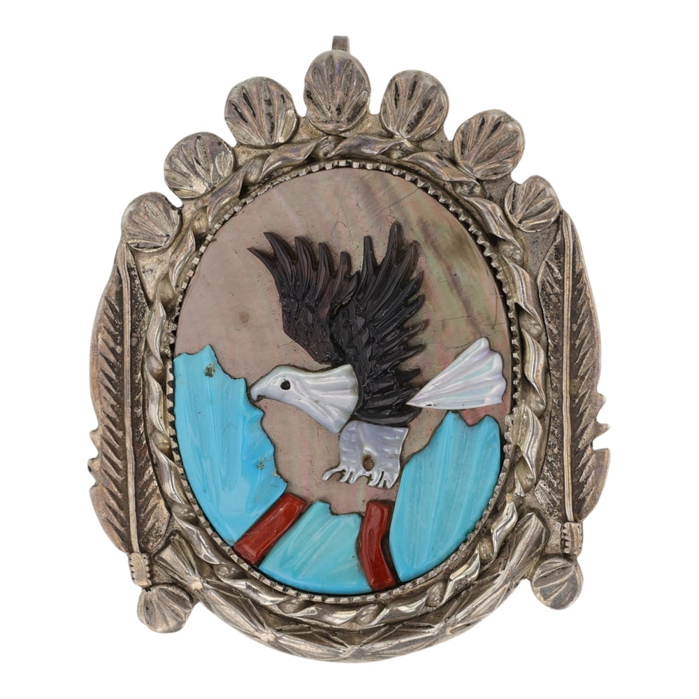 Jones Quam Zuni Master Artist 1970's Vintage Turquoise Coral Acoma Jet Mother of Pearl & Shell: Sterling Silver | Genuine Turquoise, Coral, Acoma Jet, Mother of Pearl & Shell | Jones Quam Zuni Master Artist 1970's Vintage Turquoise Coral Acoma Jet Mother of Pearl & Shell Cobblestone Inlay soarin