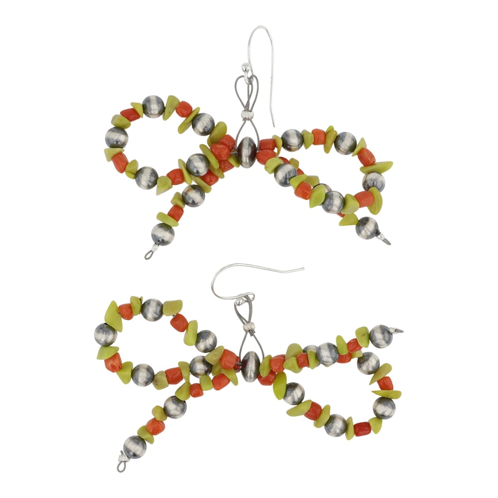 Navajo Oxidized Beads Coral & Serpentine Bow Rie Earrings: Sterling Silver | Genuine Coral & Serpentine | Navajo Oxidized Beads Coral & Serpentine Bow Rie Earrings | Navajo Native American Southwest Indian Jewelry | Good (no breaks or damages) | Approximate W