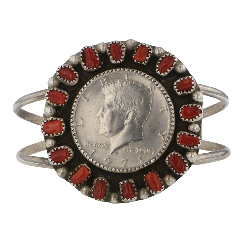 Vintage Navajo Mediterranean Coral & Kennedy Half Dollar Bracelet: Sterling Silver | Genuine Mediterranean Coral | Vintage Navajo Mediterranean Coral & Kennedy Half Dollar Bracelet | Navajo Native American Southwest Indian Jewelry | Good (no breaks or damages) | Appr