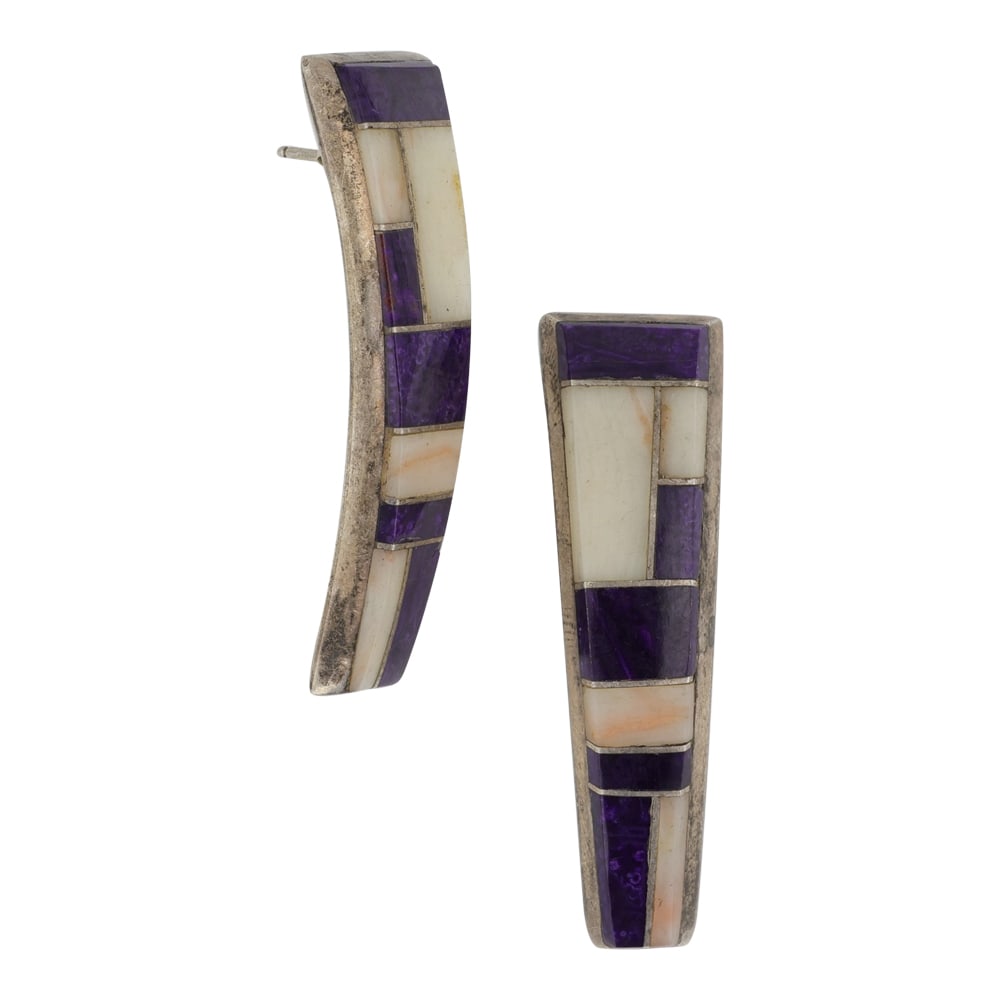 Frank Carillo Laguna Pueblo Sugilite & Shell Inlay Earrings: Sterling Silver | Genuine Sugilite & Shell | Frank Carillo Laguna Pueblo Sugilite & Shell Inlay Earrings | Laguna Pueblo Native American Southwest Indian Jewelry | Good (no breaks or damages) | Approx