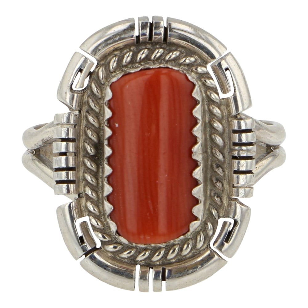 Donavan Skeets Navajo Mediterranean Coral Ring: Sterling Silver | Genuine Mediterranean Coral | Donavan Skeets Navajo Mediterranean Coral Ring | Navajo Native American Southwest Indian Jewelry | Good (no breaks or damages) | Approximate Weight: 3 G